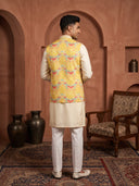 Yellow Silk Kurta, Multi-Tone Chevron & Embroidered Bandi Jacket & Cream Aligarhi for Men