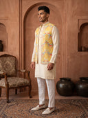 Yellow Silk Kurta, Multi-Tone Chevron & Embroidered Bandi Jacket & Cream Aligarhi for Men