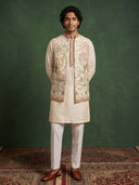White Bandgala Silk Set with Multi-Color Scenic Embroidery & Geometric Borders
