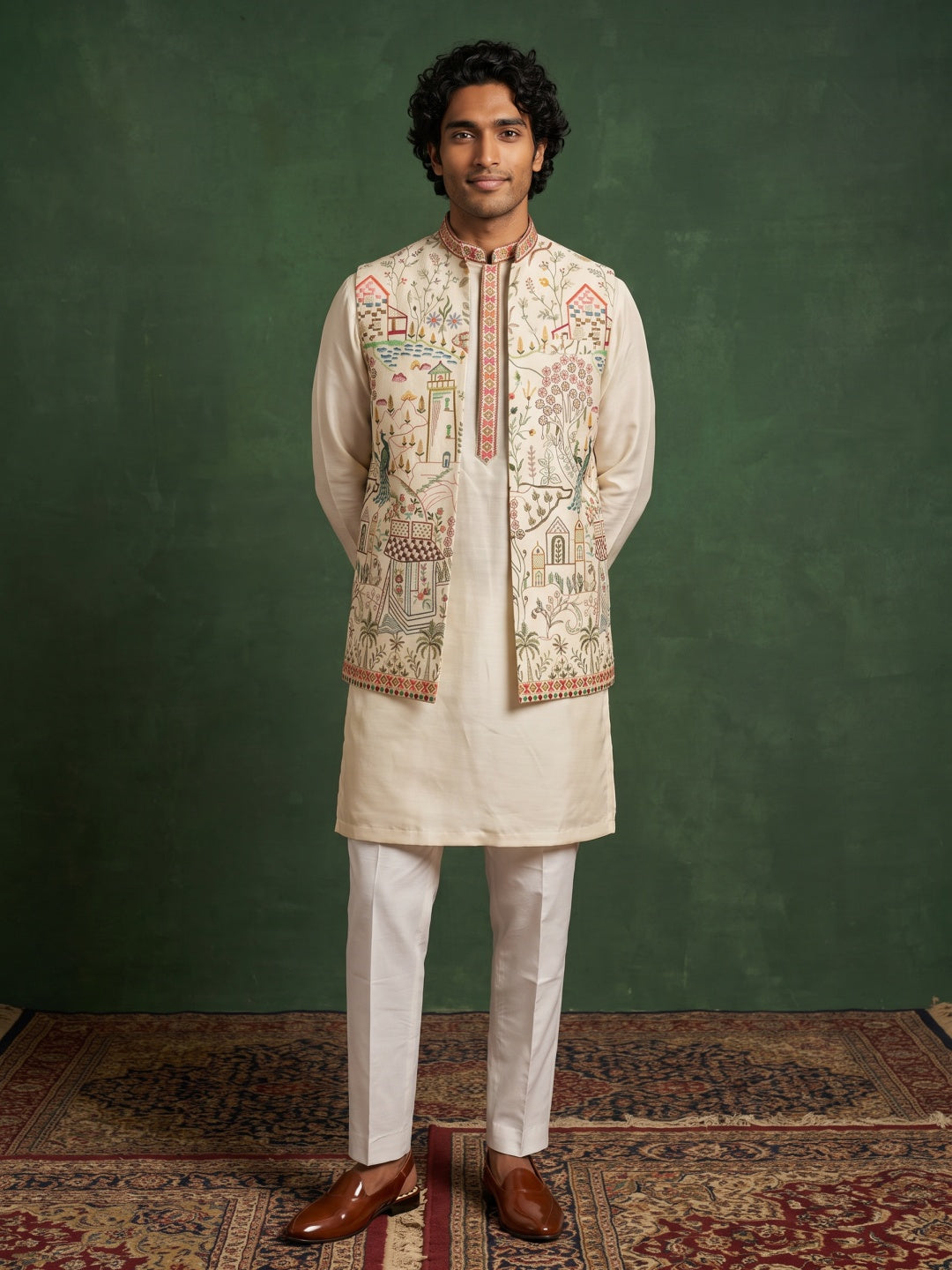 Pristine White Silk Kurta, Scenic Floral Embroidered Bandi Jacket & Aligarhi Set - KORANM