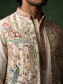 White Bandgala Silk Set with Multi-Color Scenic Embroidery & Geometric Borders