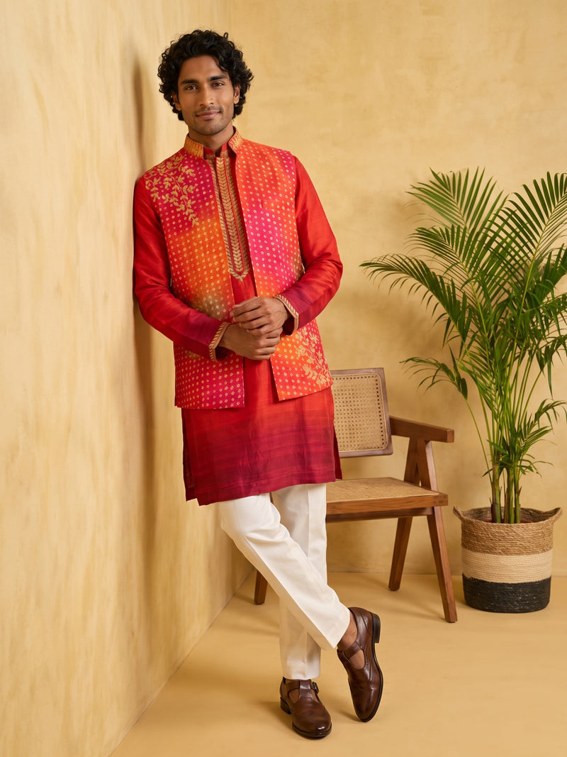 Rani Pink Silk Kurta, Ombre Bandhani & Gold Embroidered Bandi Jacket & Aligarhi Set - KORANM