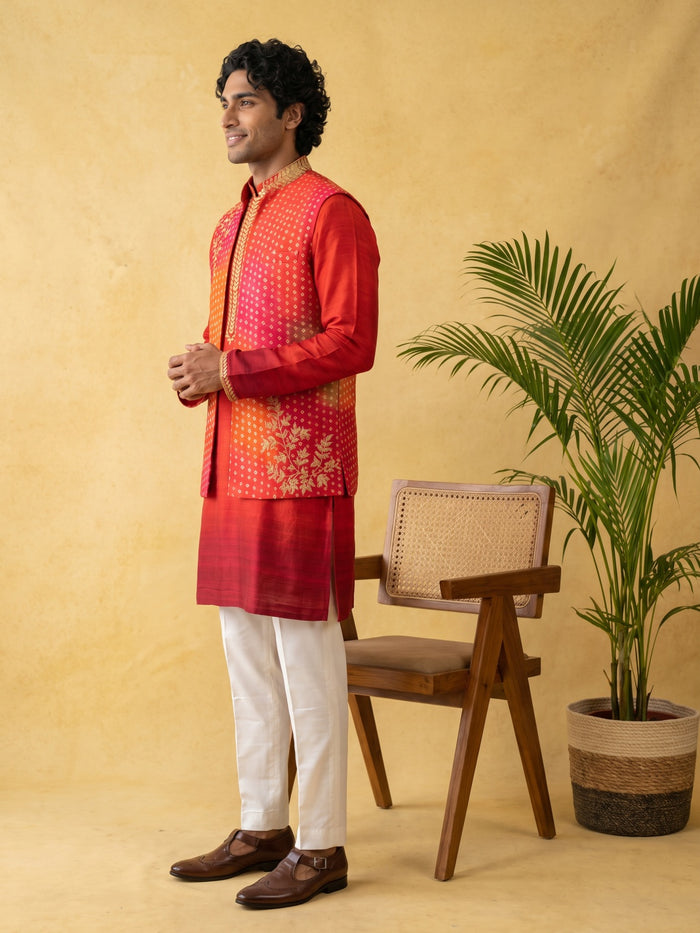 Rani Pink Silk Kurta, Ombre Bandhani & Gold Embroidered Bandi Jacket & Aligarhi Set