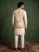 White Bandgala Silk Set with Multi-Color Scenic Embroidery & Geometric Borders