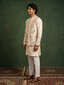 White Bandgala Silk Set with Multi-Color Scenic Embroidery & Geometric Borders