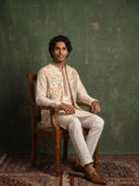 White Bandgala Silk Set with Multi-Color Scenic Embroidery & Geometric Borders