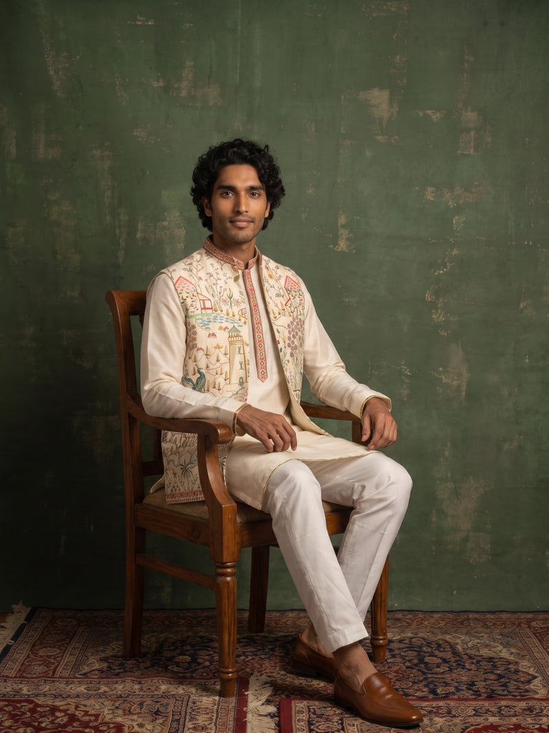 Pristine White Silk Kurta, Scenic Floral Embroidered Bandi Jacket & Aligarhi Set - KORANM