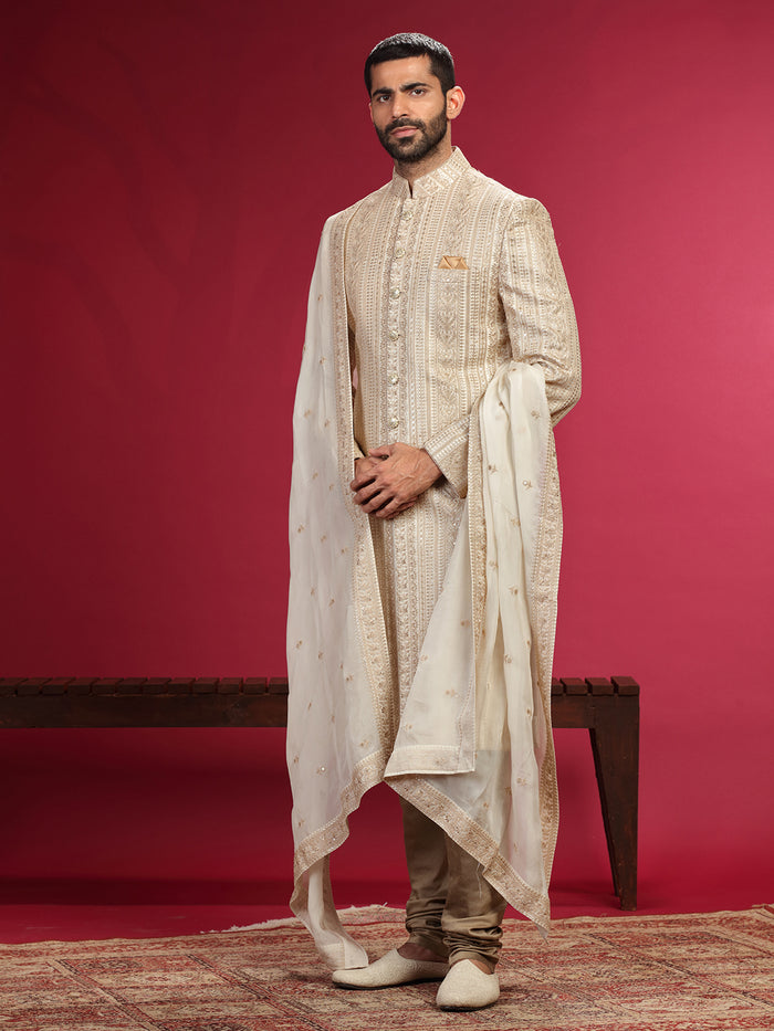 Sherwani Set with Zari Work and Churidar Dupatta.
