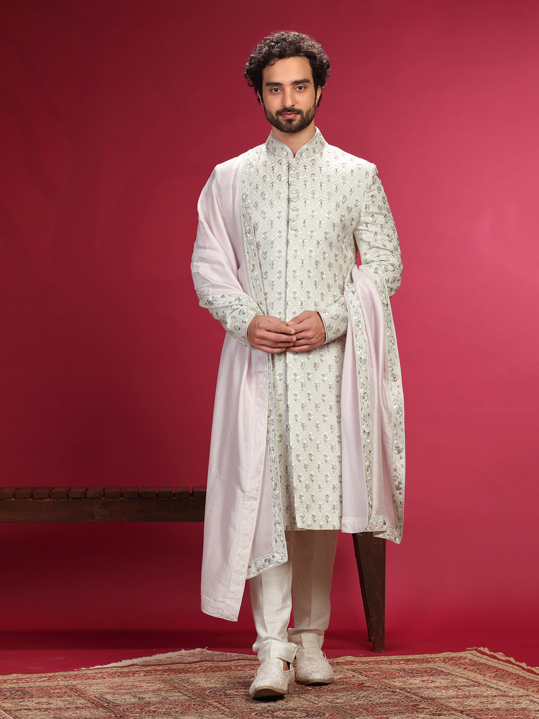 Sherwani Set with Hand Highlight and Churidar Dupatta.