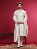 Sherwani Set with Hand Highlight and Churidar Dupatta.