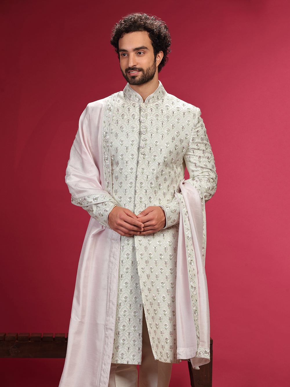 Sherwani Set with Hand Highlight and Churidar Dupatta.