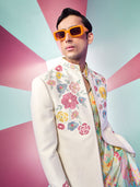 Cream Indo-Western Sets Embroidered Colorful ThreadWork with Floral Print Kurta and Pant