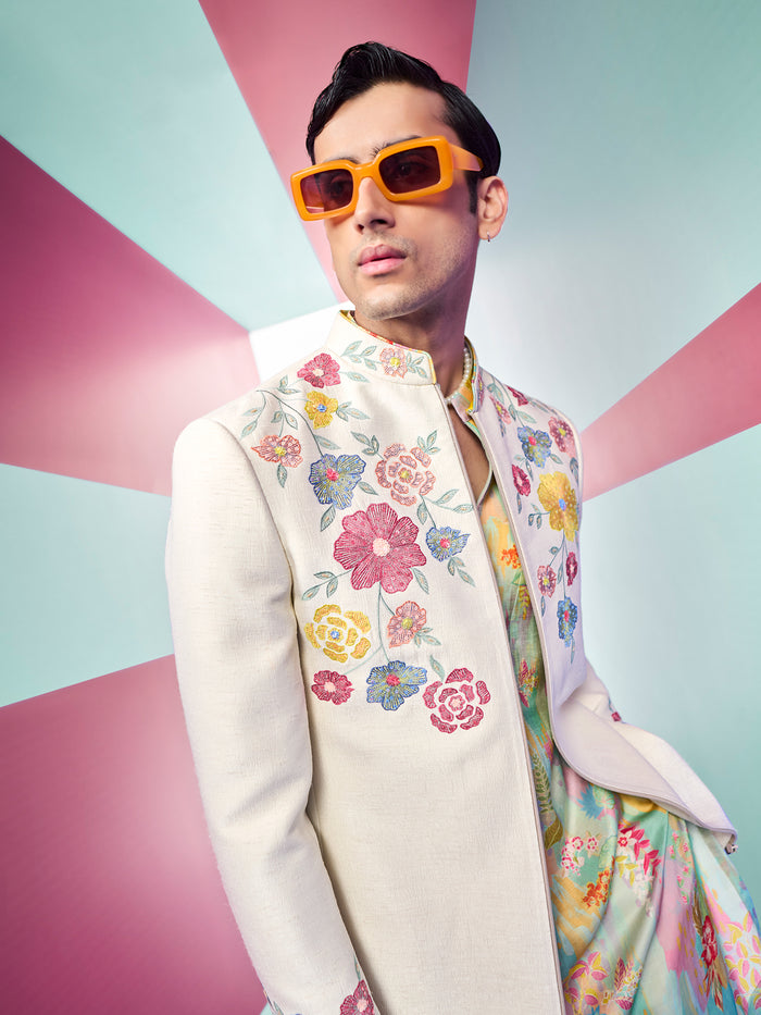 Cream Indo-Western Sets Embroidered Colorful ThreadWork with Floral Print Kurta and Pant