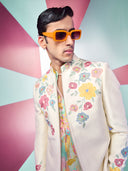 Cream Indo-Western Sets Embroidered Colorful ThreadWork with Floral Print Kurta and Pant