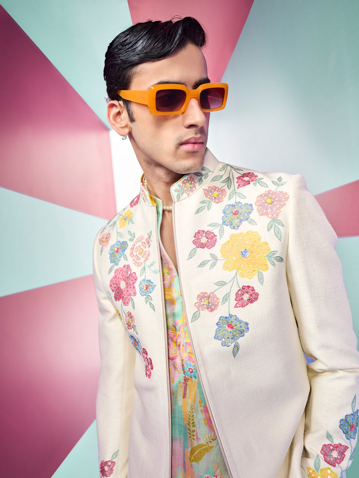 Cream Indo-Western Sets Embroidered Colorful ThreadWork with Floral Print Kurta and Pant