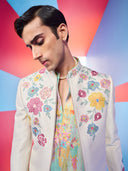 Cream Indo-Western Sets Embroidered Colorful ThreadWork with Floral Print Kurta and Pant