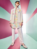 Cream Indo-Western Sets Embroidered Colorful ThreadWork with Floral Print Kurta and Pant