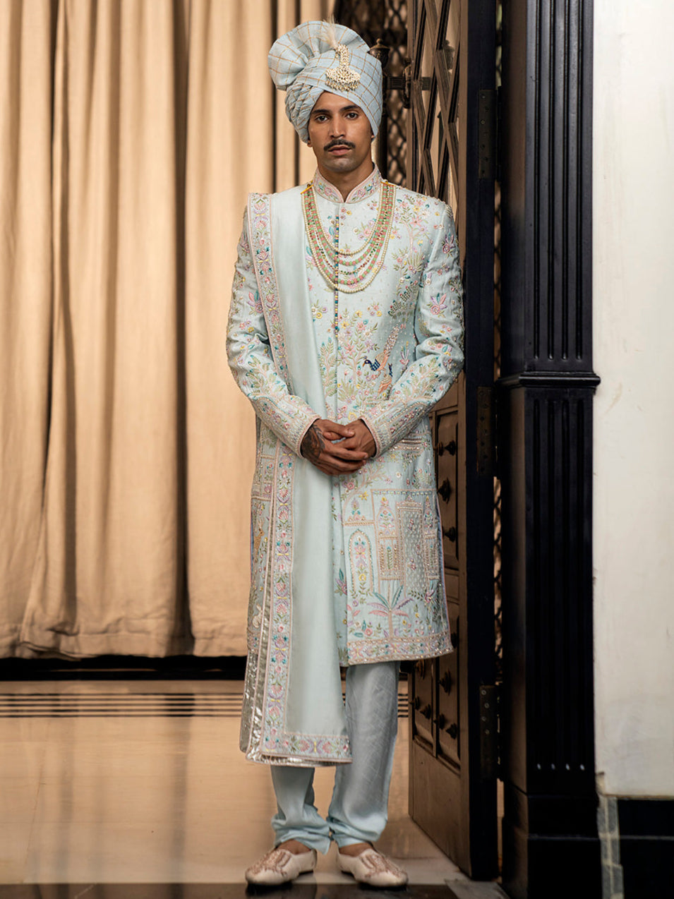 Ethereal Ice Blue Sherwani in Rose Silk – A Fresh Expression of Royal Elegance