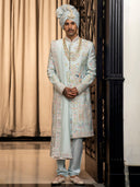 Ethereal Ice Blue Sherwani in Rose Silk – A Fresh Expression of Royal Elegance