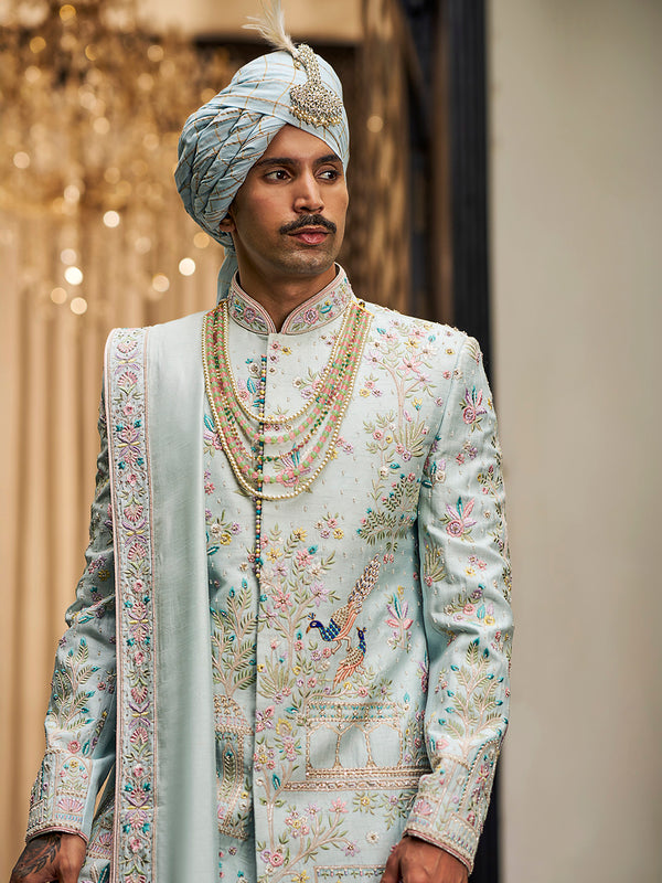 Ethereal Ice Blue Sherwani in Rose Silk – A Fresh Expression of Royal Elegance