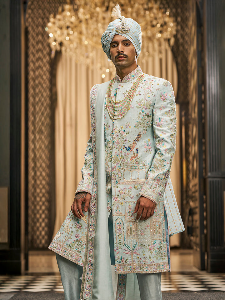 Ethereal Ice Blue Sherwani in Rose Silk – A Fresh Expression of Royal Elegance
