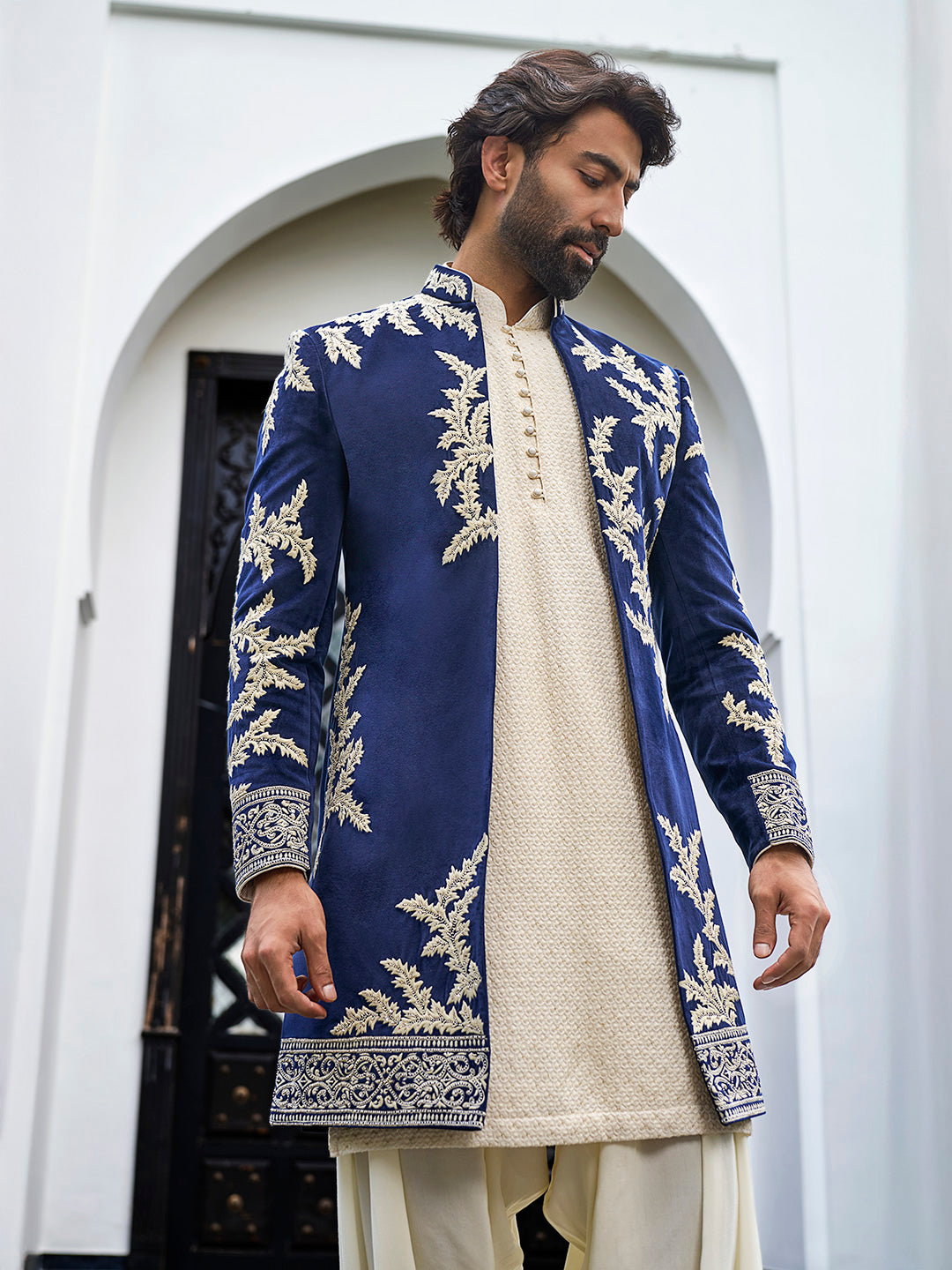 Royal Navy Indowestern in Velvet Silk – A Regal Fusion of Classic & Contemporary