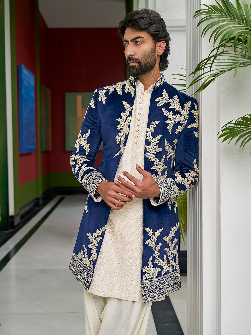Royal Navy Indowestern in Velvet Silk – A Regal Fusion of Classic & Contemporary