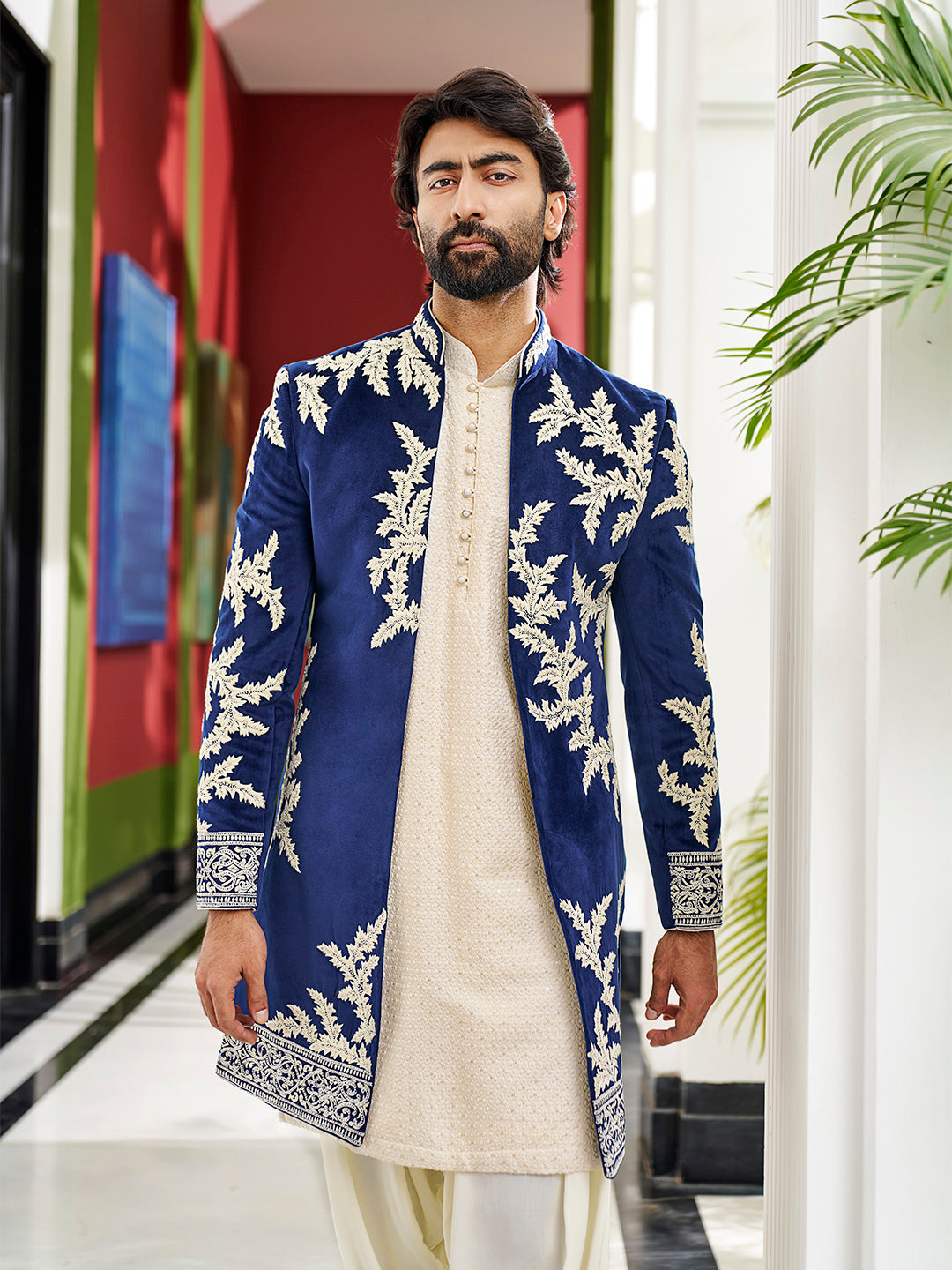 Royal Navy Indowestern in Velvet Silk – A Regal Fusion of Classic & Contemporary