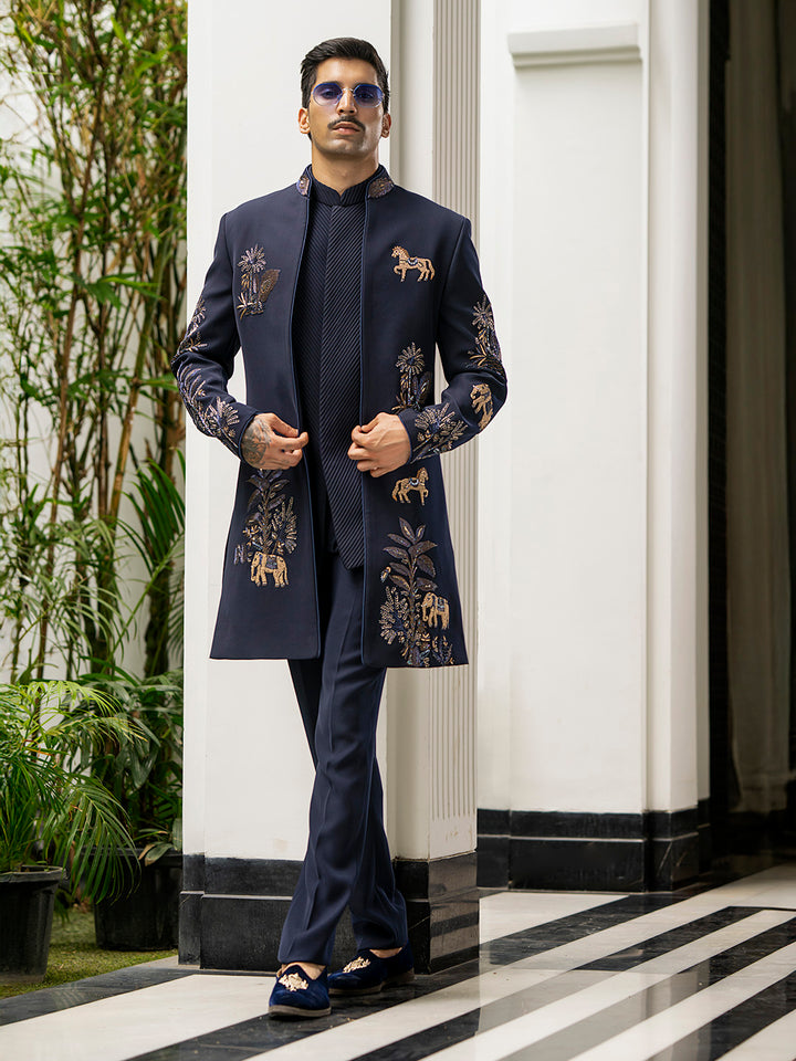 Contemporary Navy Indowestern in Bomario Silk – Where Tradition Meets Modern Edge