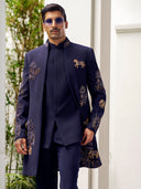 Contemporary Navy Indowestern in Bomario Silk – Where Tradition Meets Modern Edge