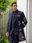 Contemporary Navy Indowestern in Bomario Silk – Where Tradition Meets Modern Edge