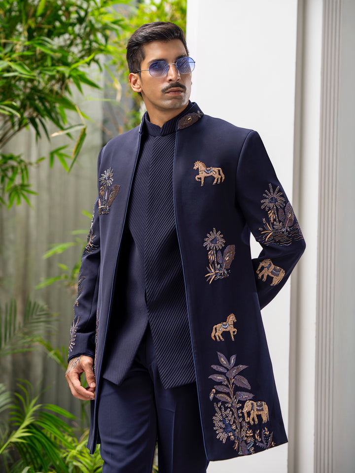Contemporary Navy Indowestern in Bomario Silk – Where Tradition Meets Modern Edge