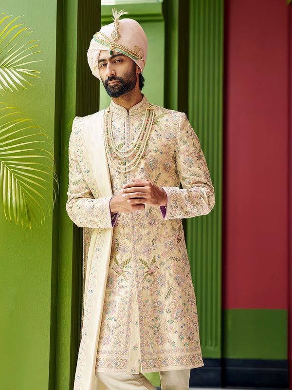 Opulent Light Gold Sherwani in Tissue Silk – Crafted for Majestic Celebrations