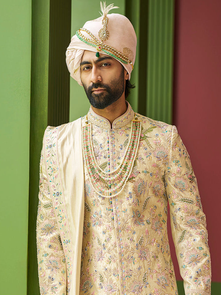 Opulent Light Gold Sherwani in Tissue Silk – Crafted for Majestic Celebrations