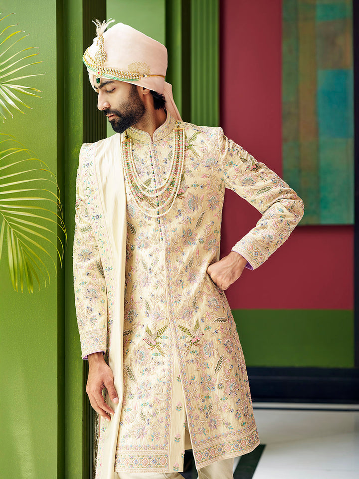 Opulent Light Gold Sherwani in Tissue Silk – Crafted for Majestic Celebrations