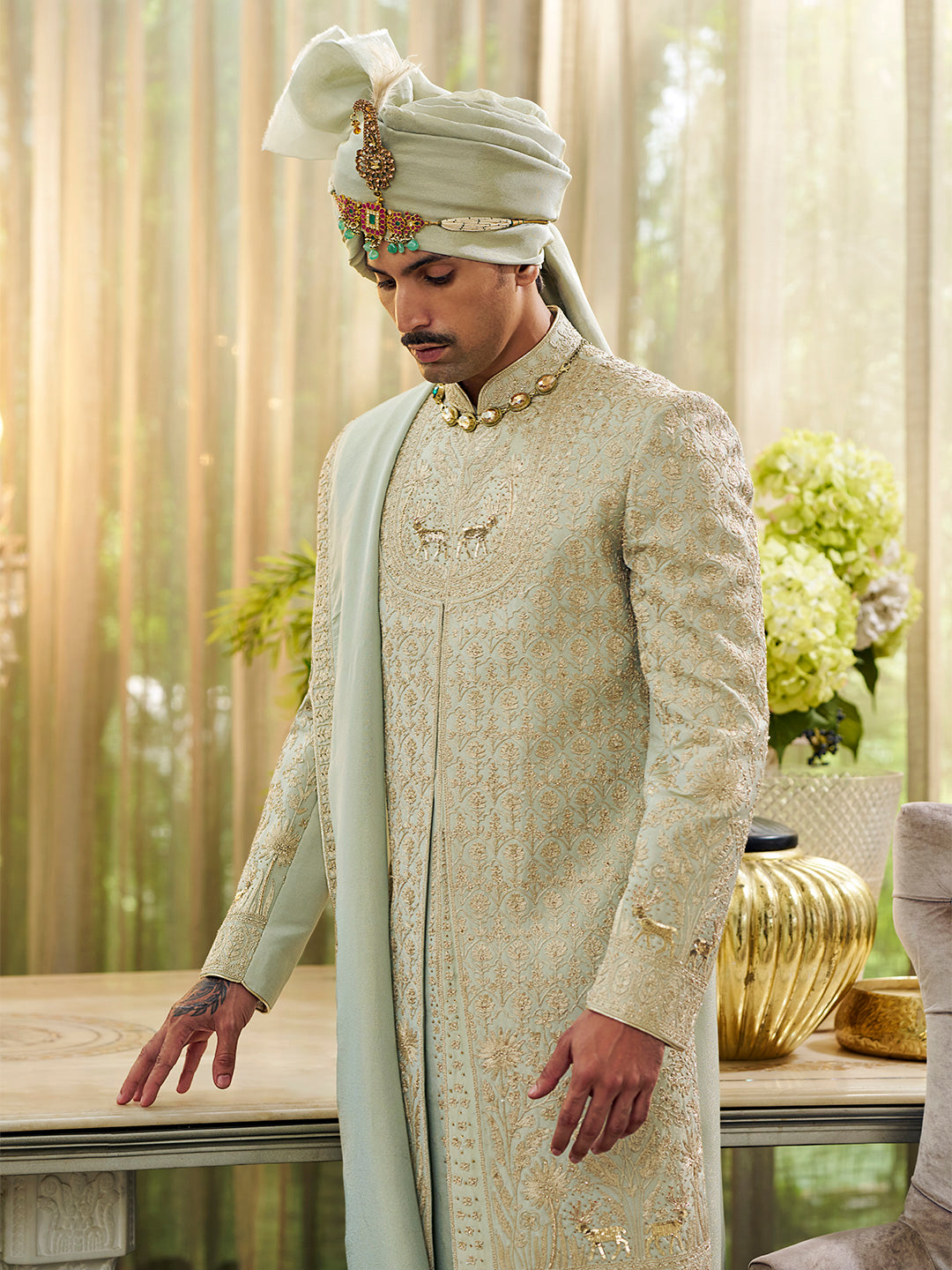 Regal Pista Sherwani in Soft Tissue Silk – Sheer Elegance for Grand Occasions