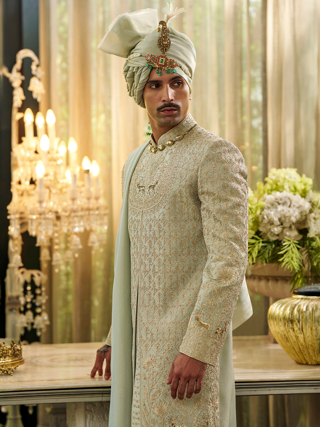 Regal Pista Sherwani in Soft Tissue Silk – Sheer Elegance for Grand Occasions