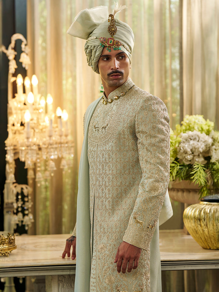 Regal Pista Sherwani in Soft Tissue Silk – Sheer Elegance for Grand Occasions