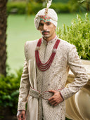 Majestic Light Gold Sherwani in Tissue Silk – Designed for the Modern-Day Royal