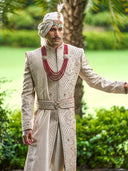 Majestic Light Gold Sherwani in Tissue Silk – Designed for the Modern-Day Royal