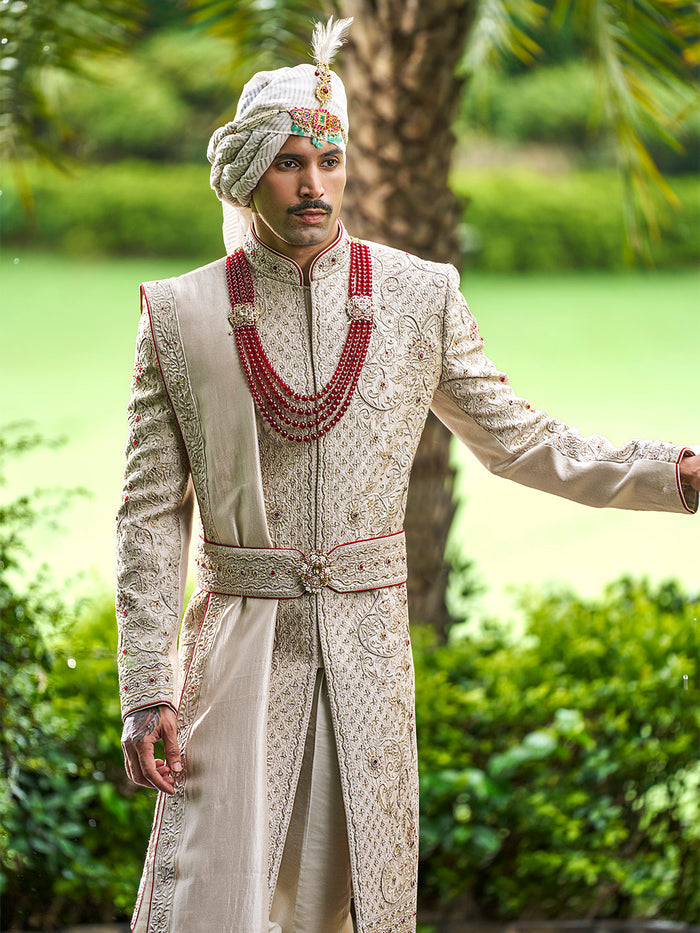 Majestic Light Gold Sherwani in Tissue Silk – Designed for the Modern-Day Royal
