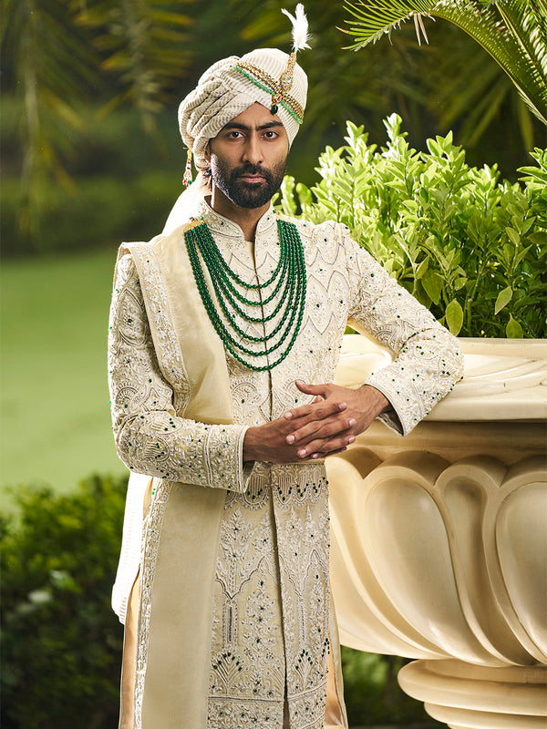 Majestic Gold Sherwani in Tissue Silk – Timeless Grandeur for Celebratory Royalty