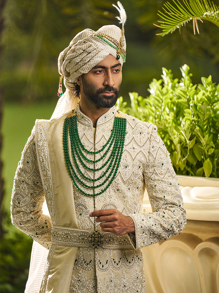 Majestic Gold Sherwani in Tissue Silk – Timeless Grandeur for Celebratory Royalty