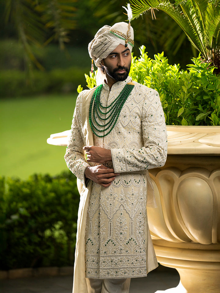 Majestic Gold Sherwani in Tissue Silk – Timeless Grandeur for Celebratory Royalty