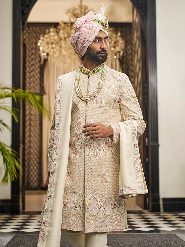 Classic Cream Sherwani in Khadi Silk – Understated Elegance for the Modern Groom