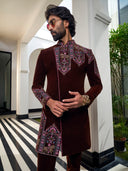 Rich Brown Indowestern in Micro Velvet Silk – Understated Luxury, Redefined