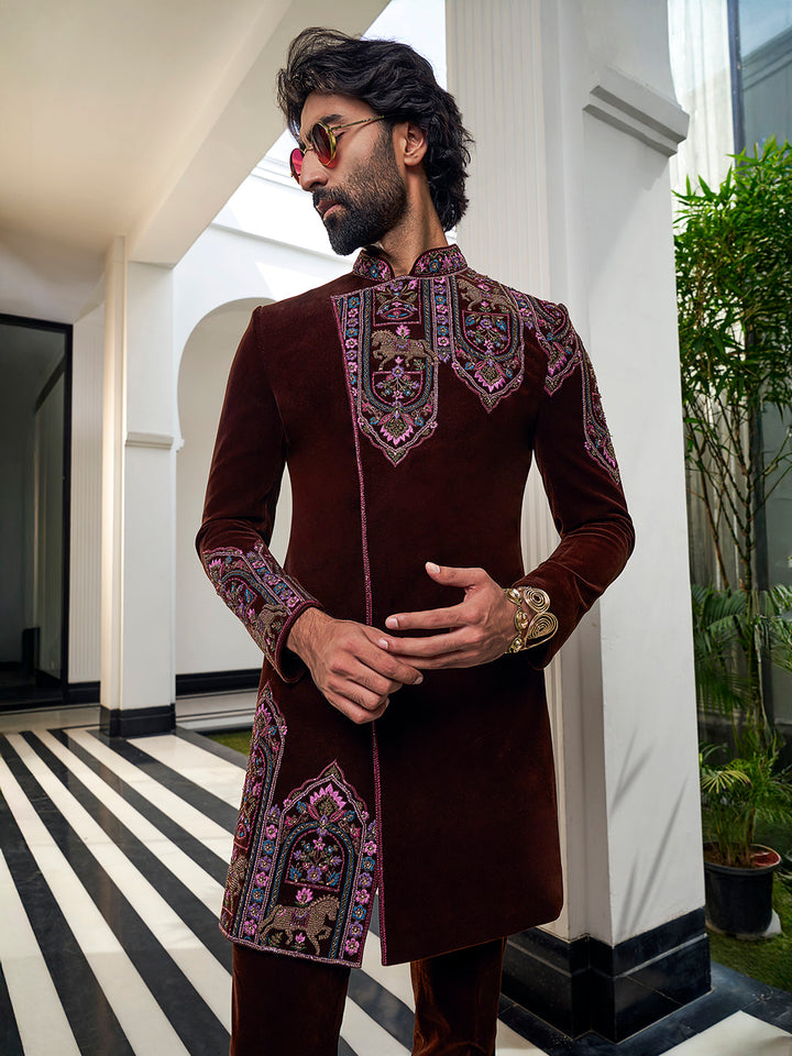 Rich Brown Indowestern in Micro Velvet Silk – Understated Luxury, Redefined