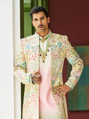 Graceful Cream Indowestern in Anarkali Silk – A Soothing Blend of Tradition and Elegance