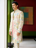 Graceful Cream Indowestern in Anarkali Silk – A Soothing Blend of Tradition and Elegance