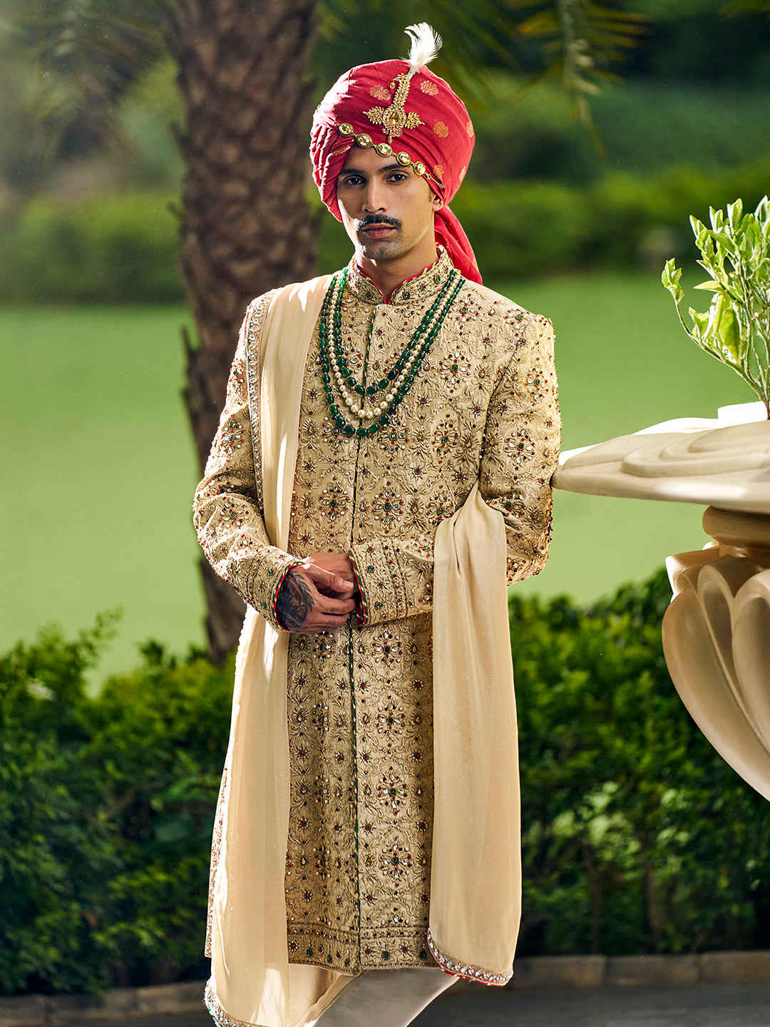 Radiant Gold Sherwani in Tissue Silk – Crafted for Ceremonial Royalty